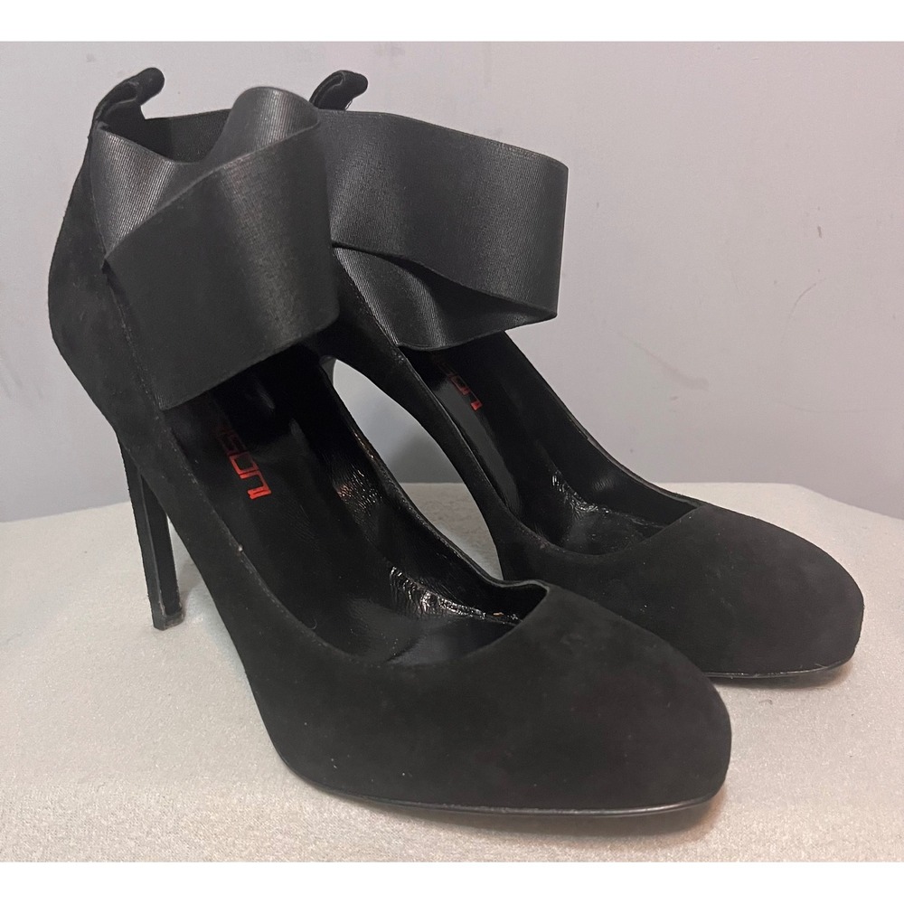 Bruno Frisoni Black Suede Elastic Ankle Strap Stiletto Pumps Heels Size 40‎